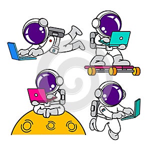 AstronautÃÂ cartoon set, animation , flat design, laptop computer photo